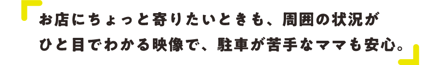 お店にちょっと寄りたいときも、周囲の状況がひと目でわかる映像で、駐車が苦手なママも安心。